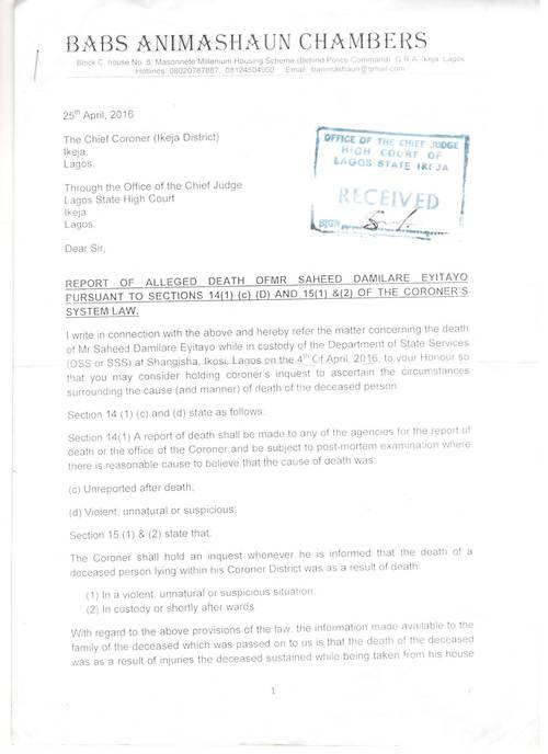 Family lawyer letter to Chief Coroner 1